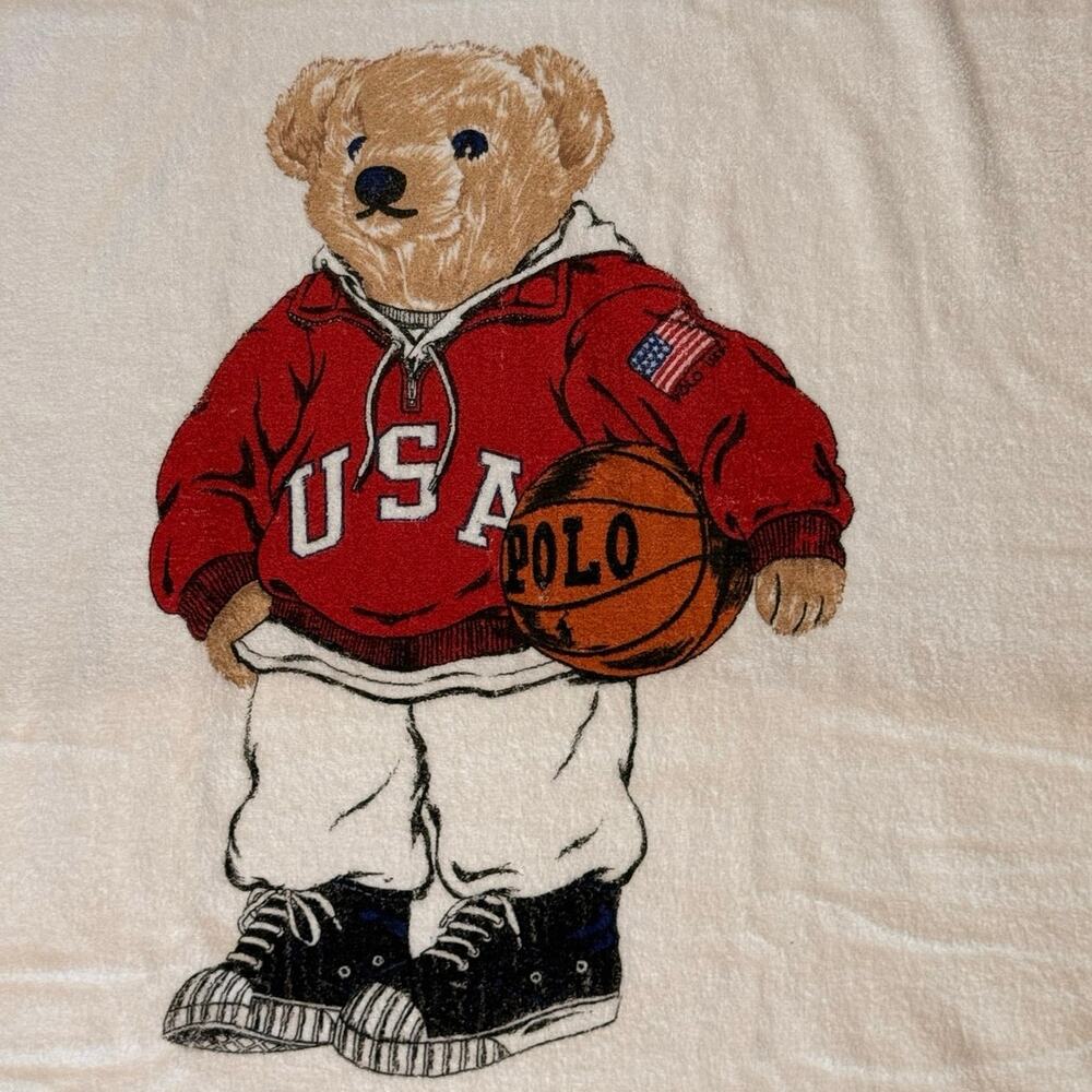Vintage 90s Ralph Lauren Sport Polo Bear Basketball Beach Towel USA Flag White - Picture 3 of 3